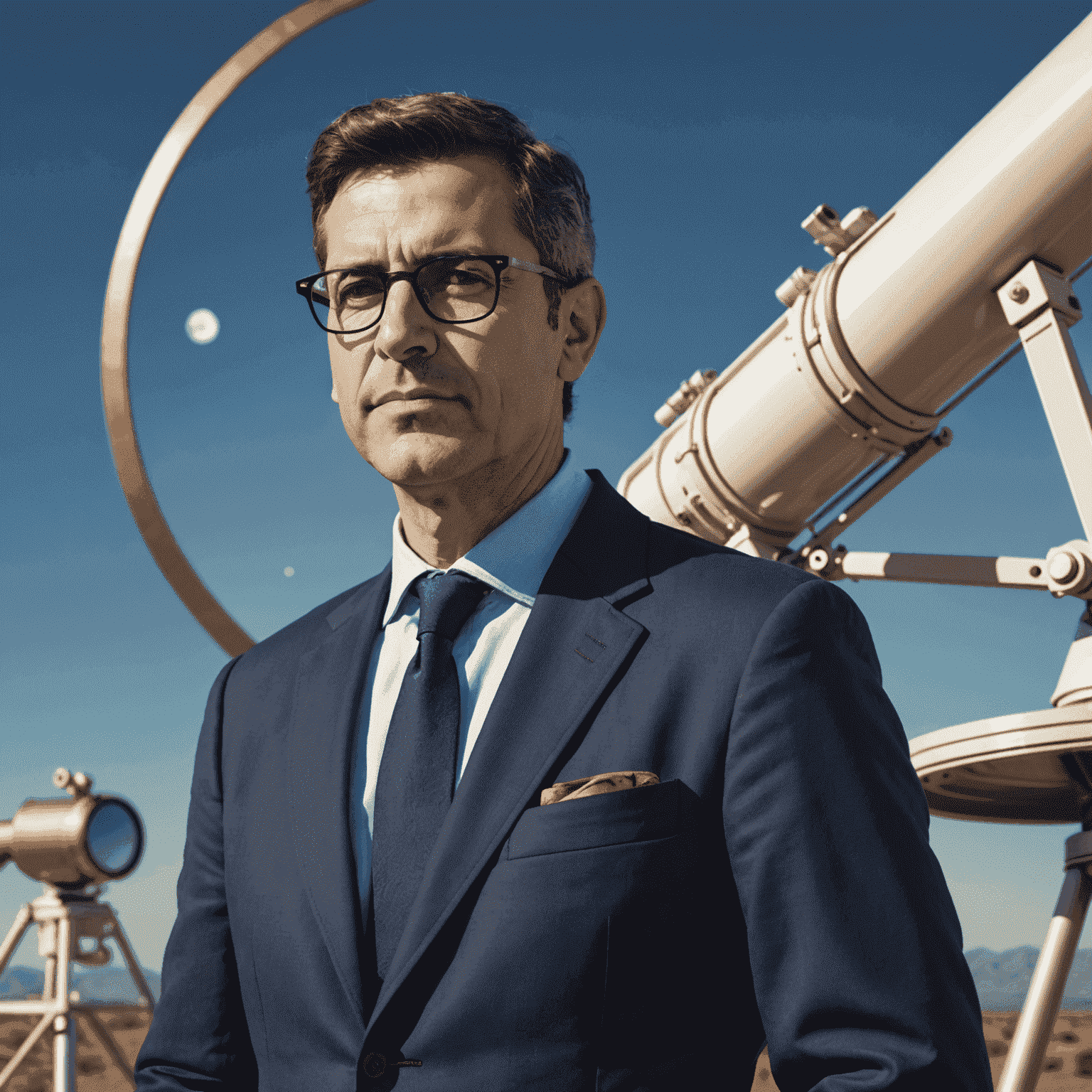 Portrait of Sergio Álvarez, a middle-aged Spanish man with short dark hair and glasses, wearing a navy blue blazer, standing in front of a telescope