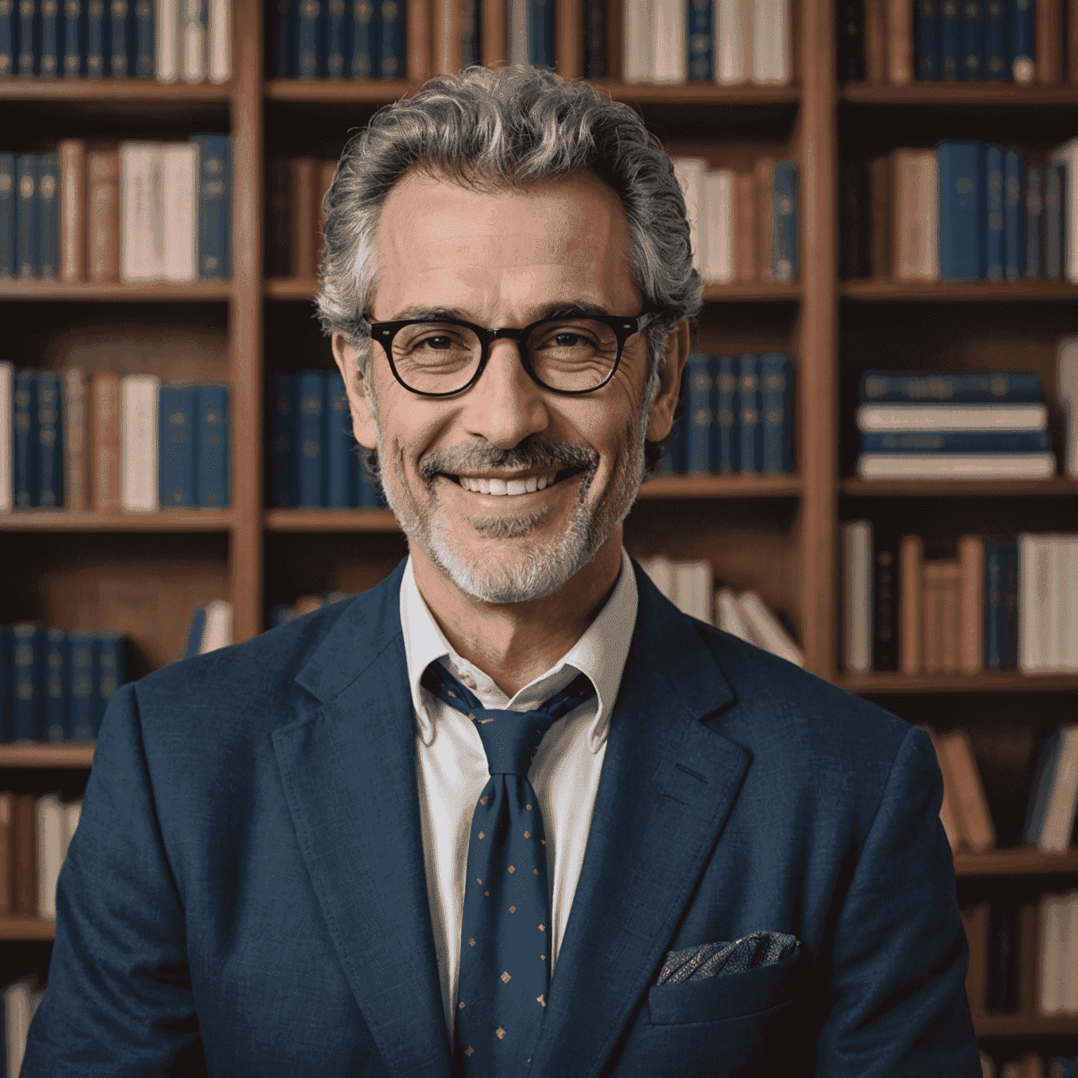 Sergio Álvarez, a middle-aged Spanish man with salt-and-pepper hair and glasses, smiling warmly at the camera. He's wearing a navy blue blazer over a white shirt, standing in front of a bookshelf filled with astronomy books.