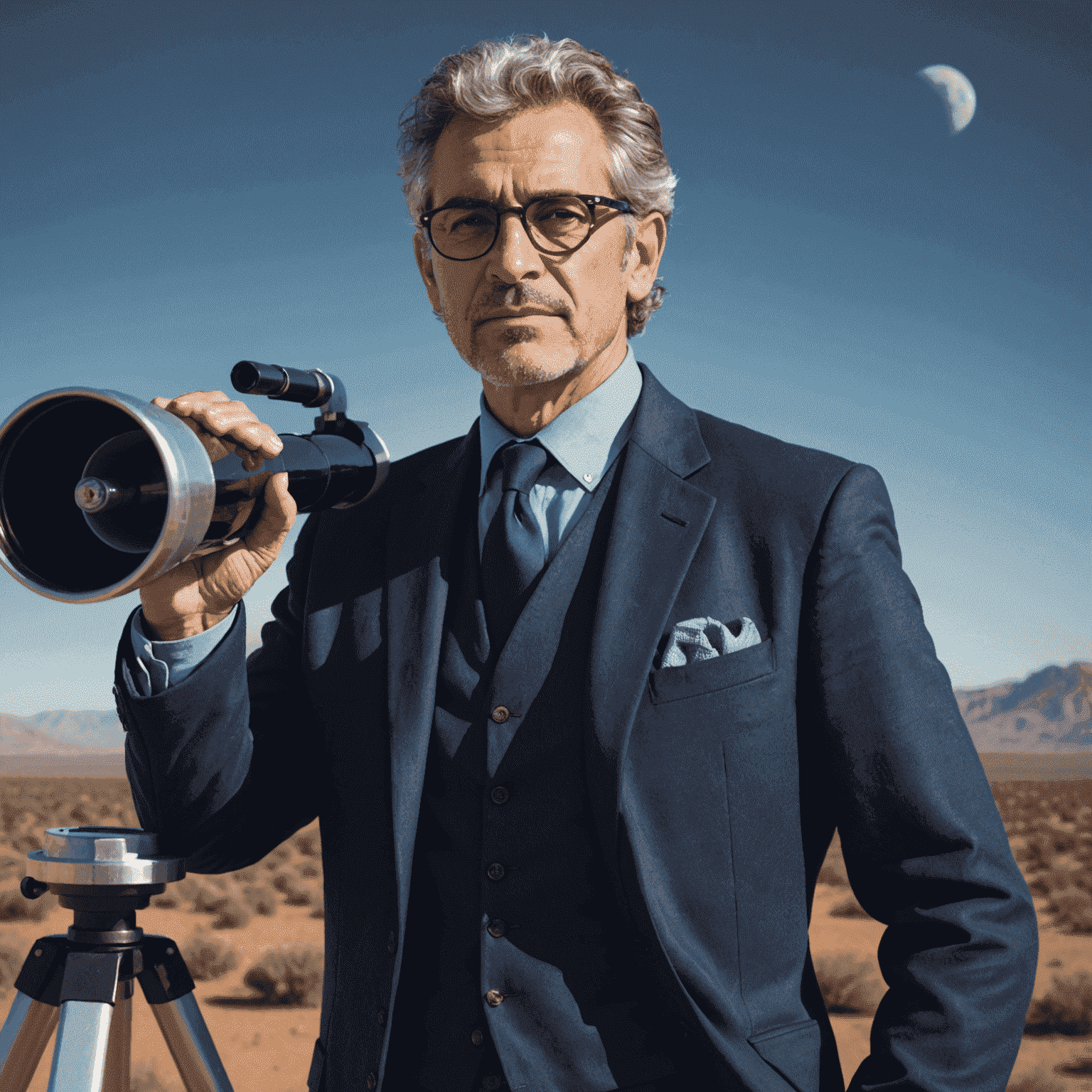 Sergio Álvarez, a middle-aged Spanish man with salt-and-pepper hair and glasses, wearing a navy blue blazer, standing in front of a telescope