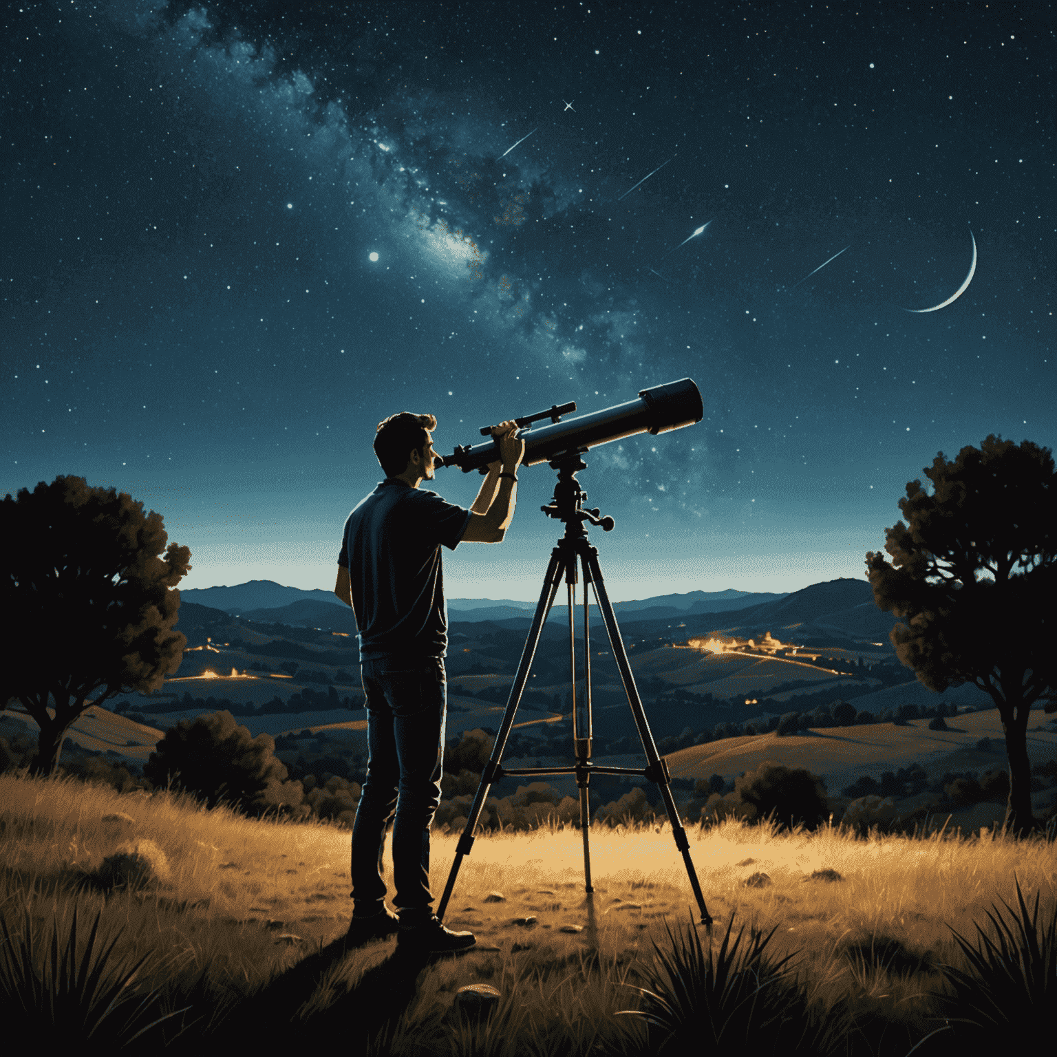 Sergio Álvarez stargazing in the Spanish countryside, with a telescope pointed at the night sky filled with stars and planets