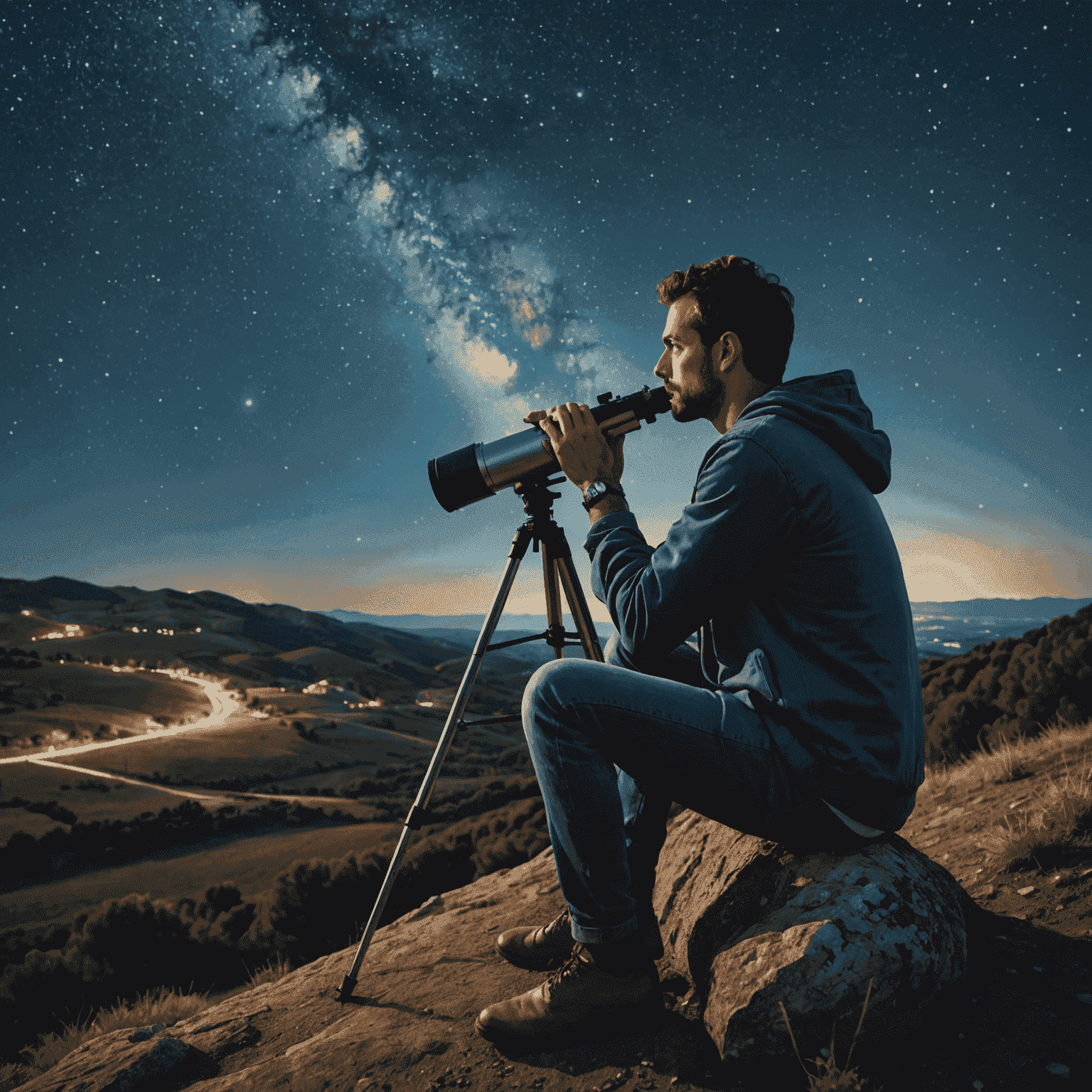 Sergio Álvarez stargazing in the Spanish countryside. He is sitting on a hill, looking through a telescope at the night sky filled with stars. The Milky Way is visible overhead.