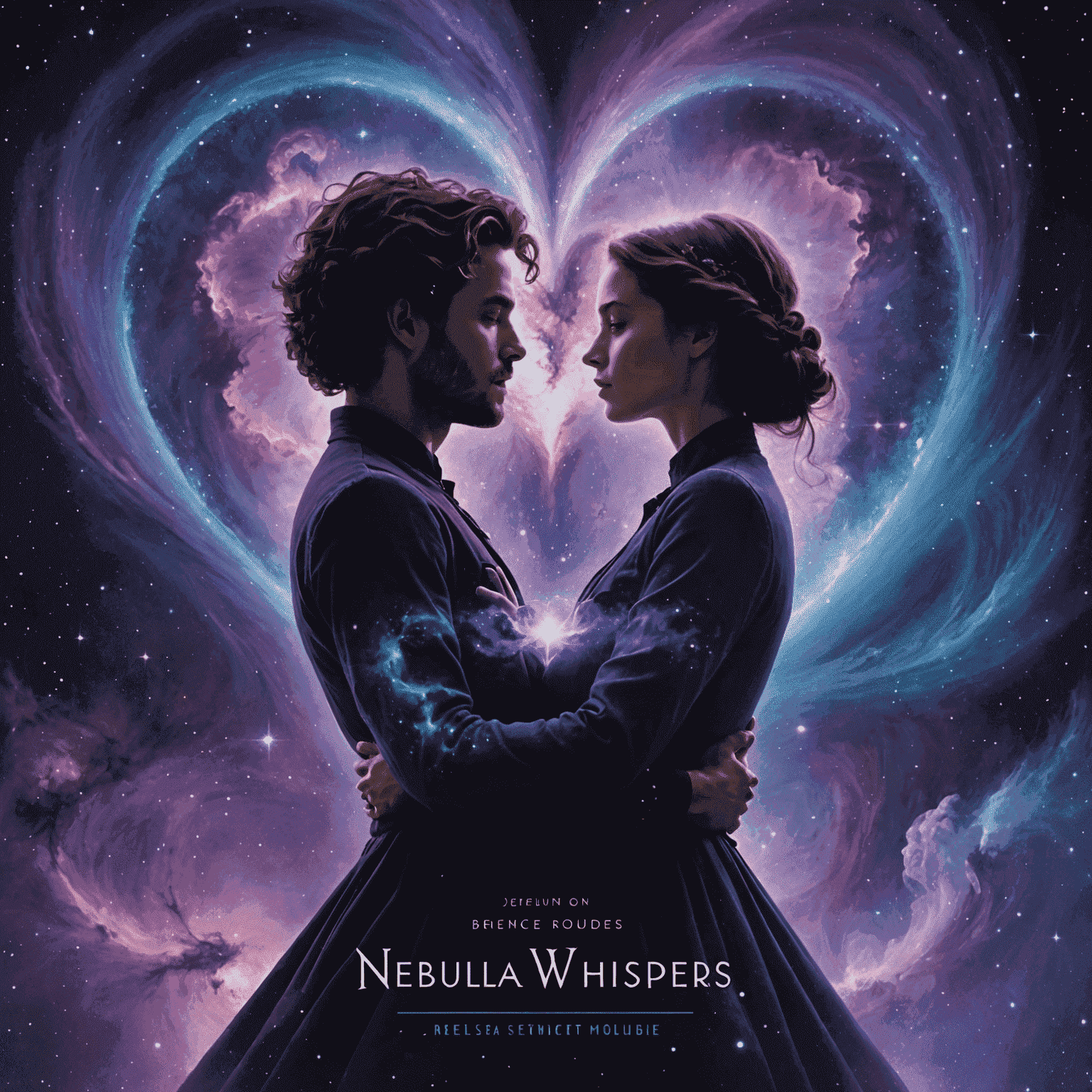 Book cover of Nebula Whispers: A Galactic Romance. A swirling purple and blue nebula forms a heart shape, with two silhouettes of people reaching towards each other across the stars.