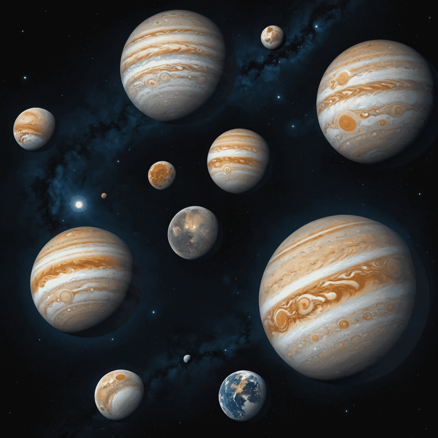 A stunning panoramic view of Jupiter and its four largest moons: Io, Europa, Ganymede, and Callisto. The image showcases Jupiter's swirling clouds and the distinct features of each moon, emphasizing their unique characteristics and potential for exploration.