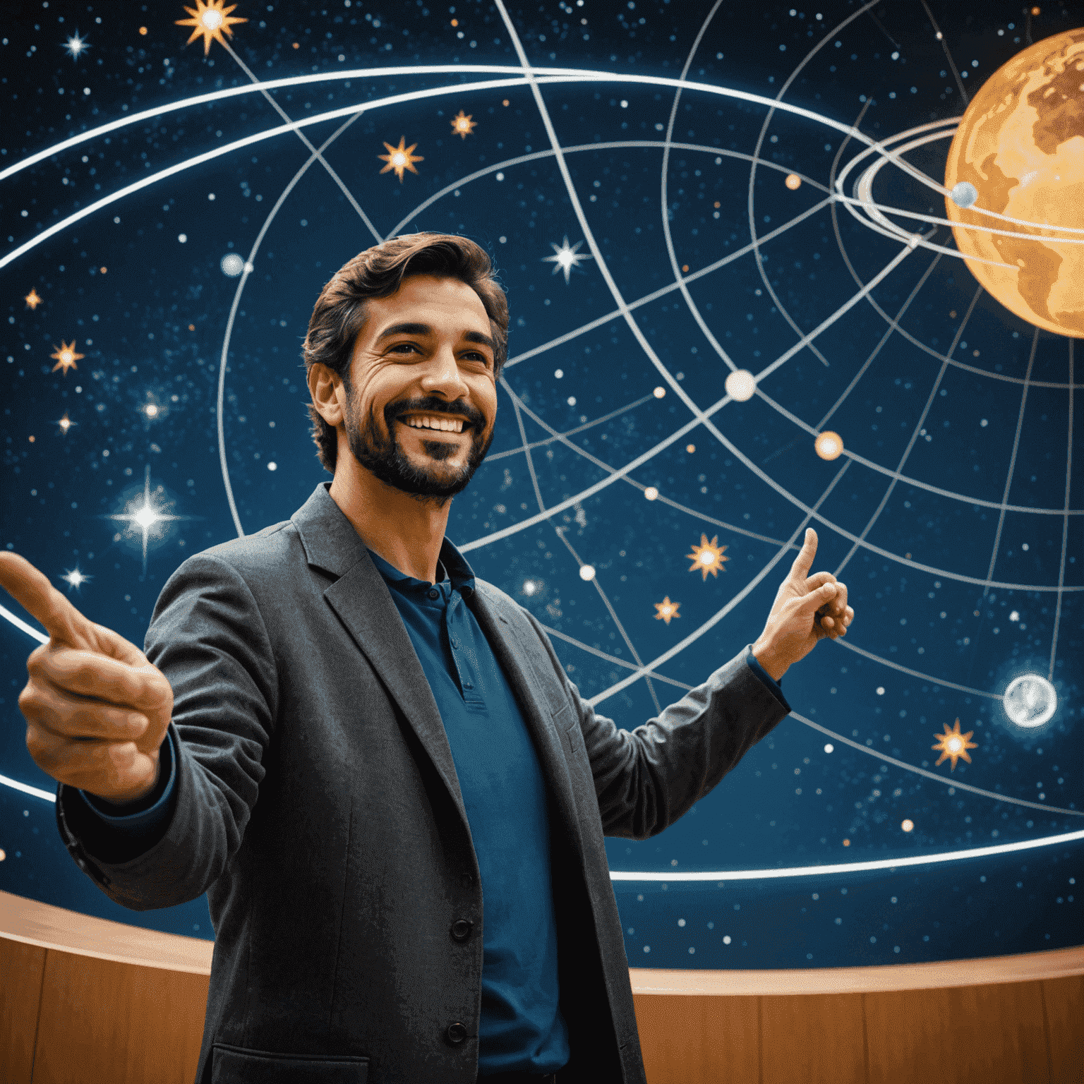 Sergio Álvarez standing in front of a large planetarium dome at the Madrid Planetarium. He is smiling and pointing to a constellation map on the wall.