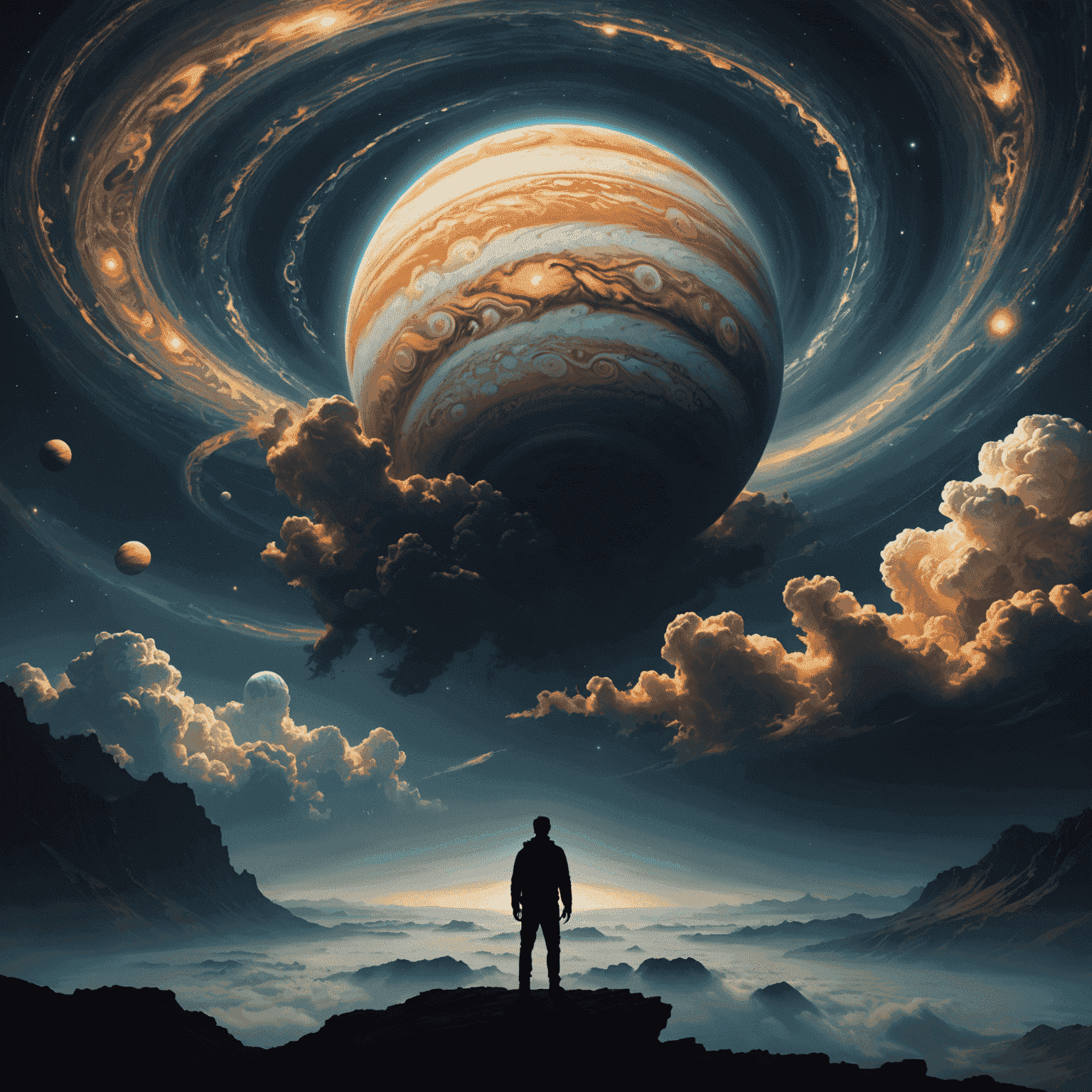 A stunning image of Jupiter with swirling clouds and a mysterious energy phenomenon, representing the 'jupiter swap'. In the foreground, a silhouette of a person observing the spectacle, symbolizing the protagonist's journey.