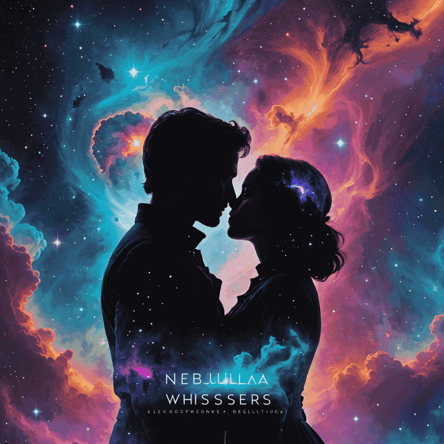 Book cover of 'Nebula Whispers: A Galactic Romance' showing two silhouettes against a colorful nebula background