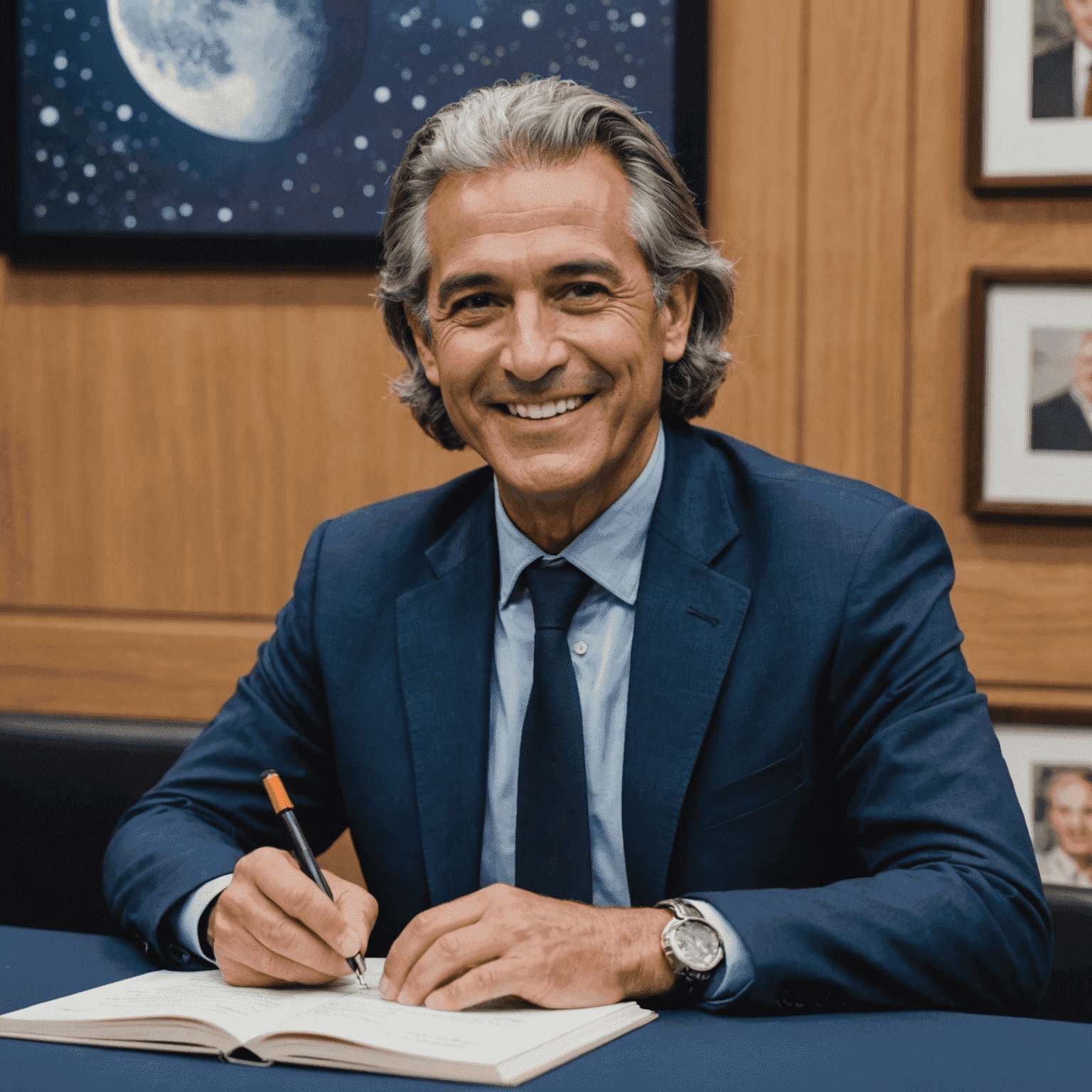 Portrait of Sergio Álvarez at a recent book signing event. He is a middle-aged Spanish man with salt-and-pepper hair and a warm smile, wearing a navy blue blazer. He is seated at a table with copies of his latest book 'Secrets of the Jovian Moons' in front of him, signing a copy for an excited fan.