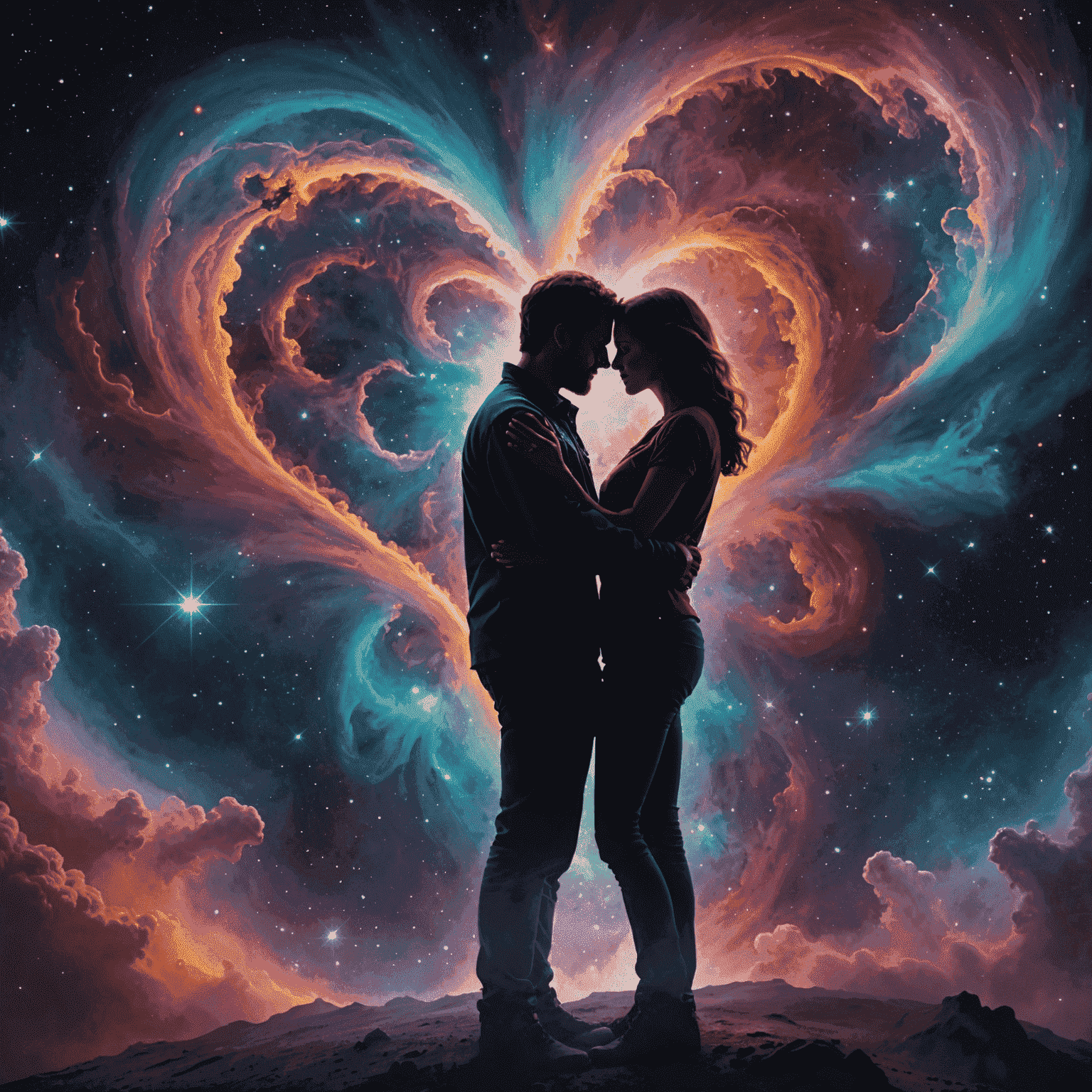 A breathtaking image of a colorful nebula with swirling gases forming heart-like shapes. Two silhouettes of people embracing, set against the cosmic backdrop, representing the galactic romance theme.