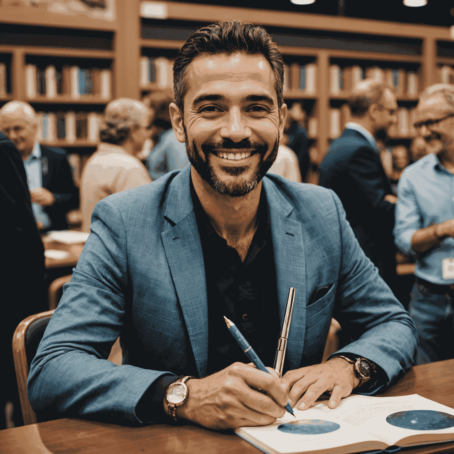 Portrait of Sergio Álvarez at a book signing event, smiling and holding a pen over his latest book about Jupiter's moons