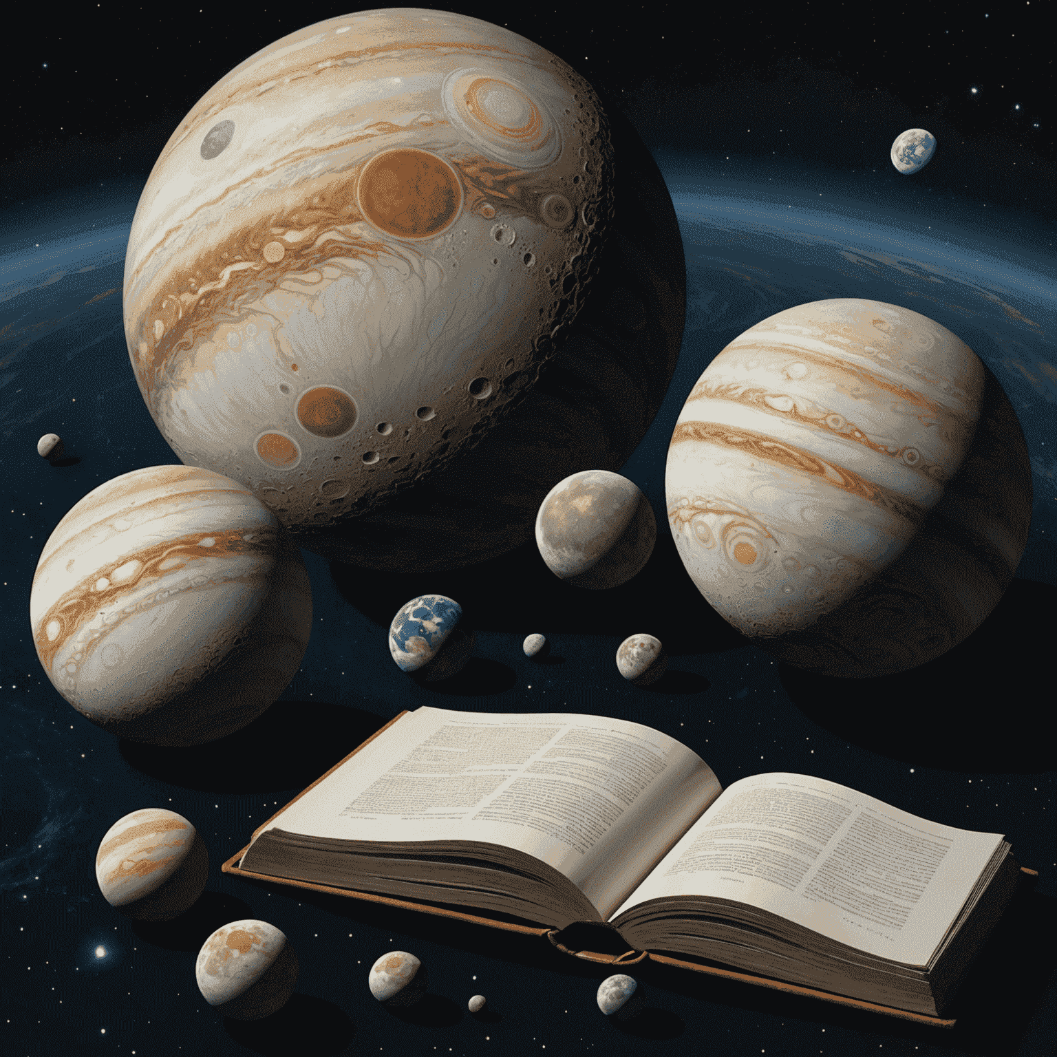 A detailed composite image of Jupiter's four largest moons: Io, Europa, Ganymede, and Callisto. In the corner, a small inset of Sergio Álvarez signing books, smiling at the camera.