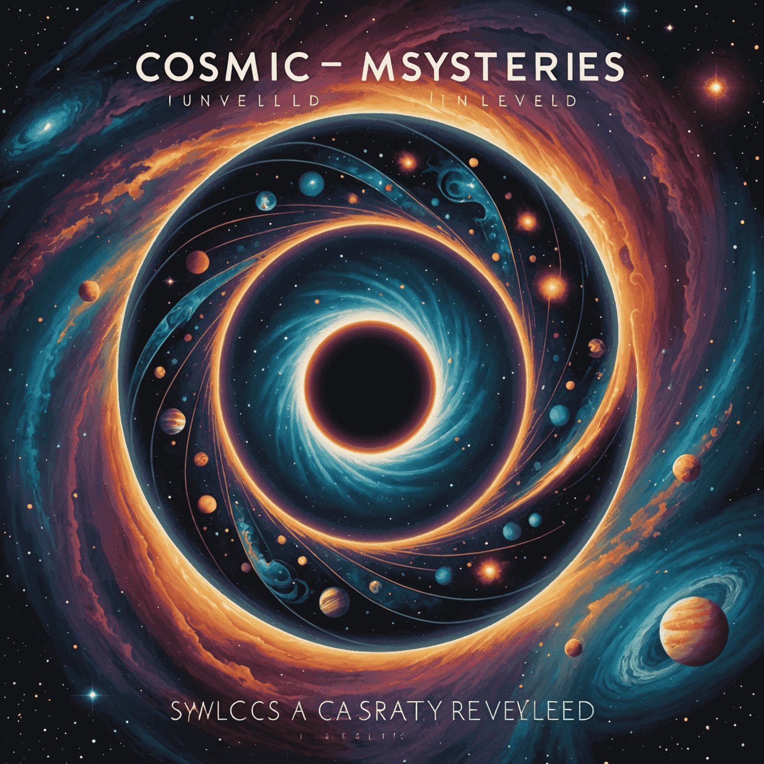 Book cover of 'Cosmic Mysteries Unveiled' showing a mysterious space anomaly with swirling colors and strange patterns